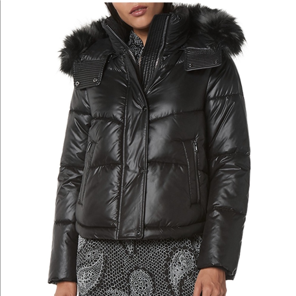 Andrew Marc Minna Black Quilted Puffer Jacket with Faux Fur Hood size Medium NWT